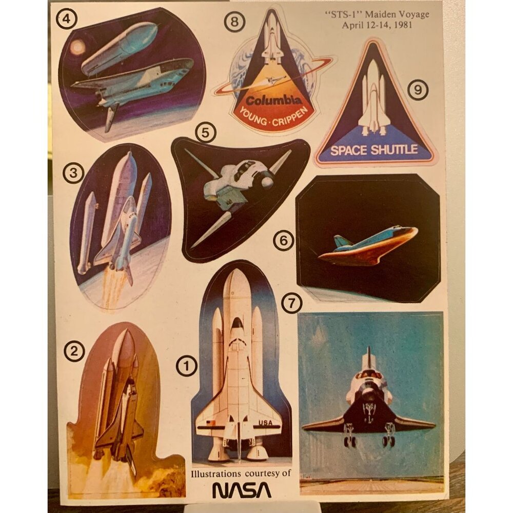 NASA STS-1 Maiden Voyage 1981 Sticker Sheet With 8 Space Shuttle Illustrations